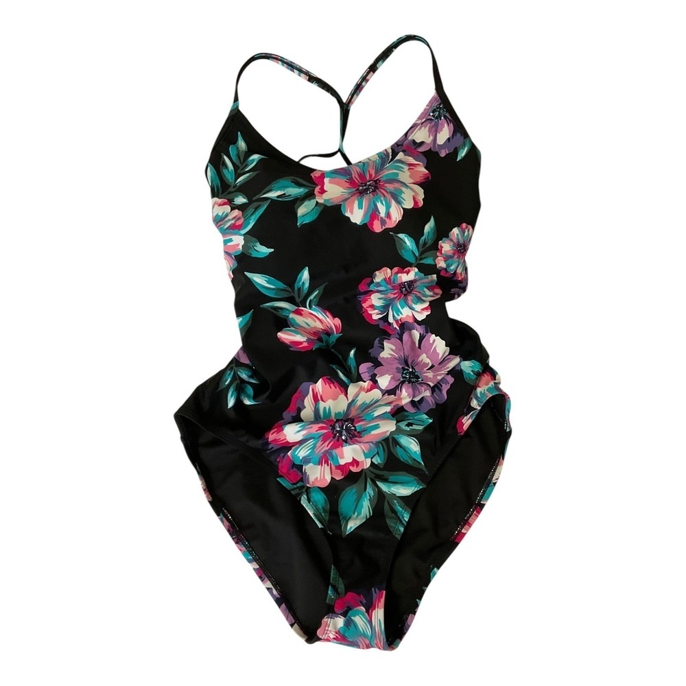 Eco Beach One Piece Swimsuit Womens L Black Floral Lace Up Back UPF 50+